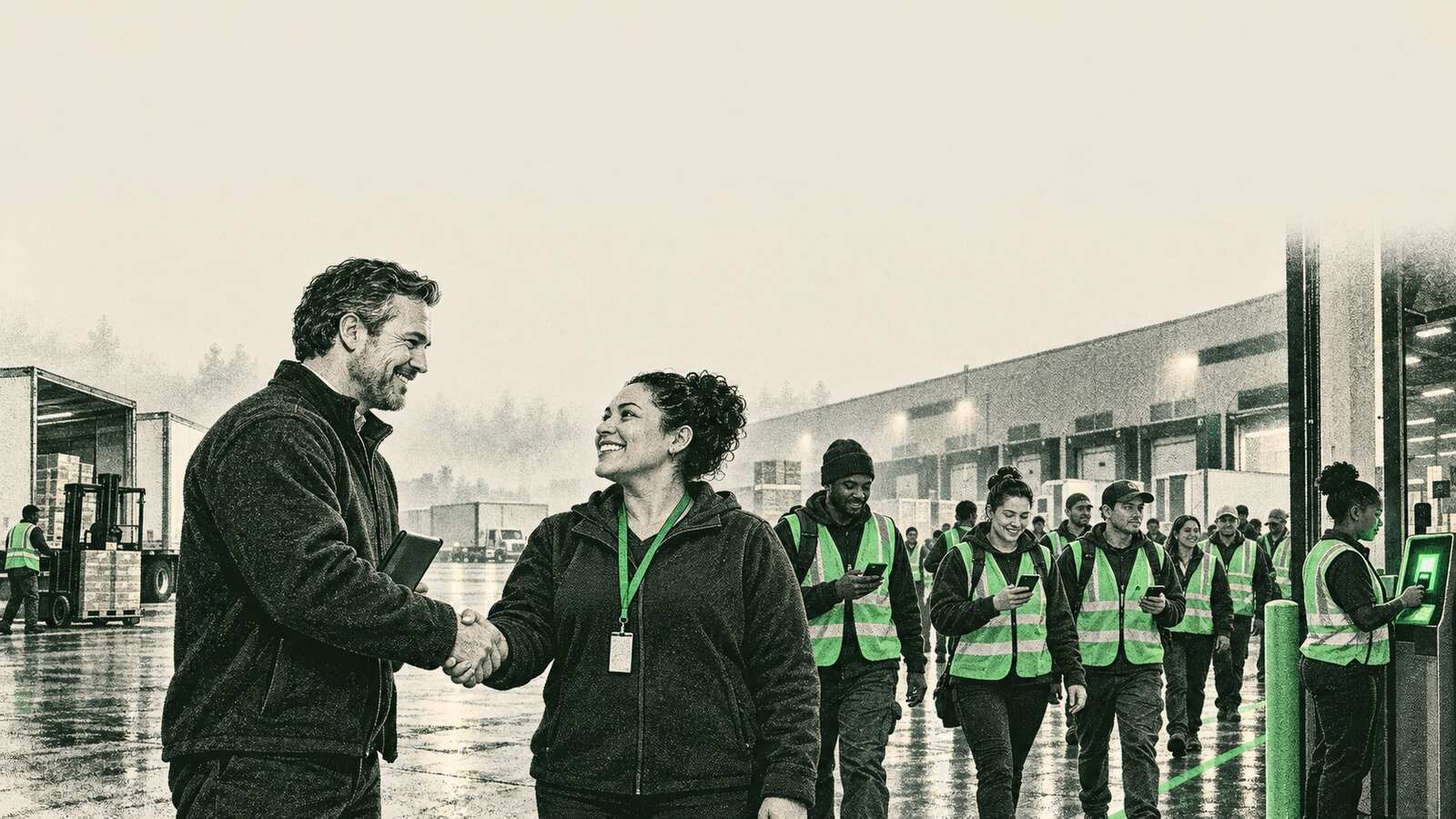 A site manager shakes hands with a staffing coordinator at a loading dock at dawn while a crew in hi-vis walks onto the floor